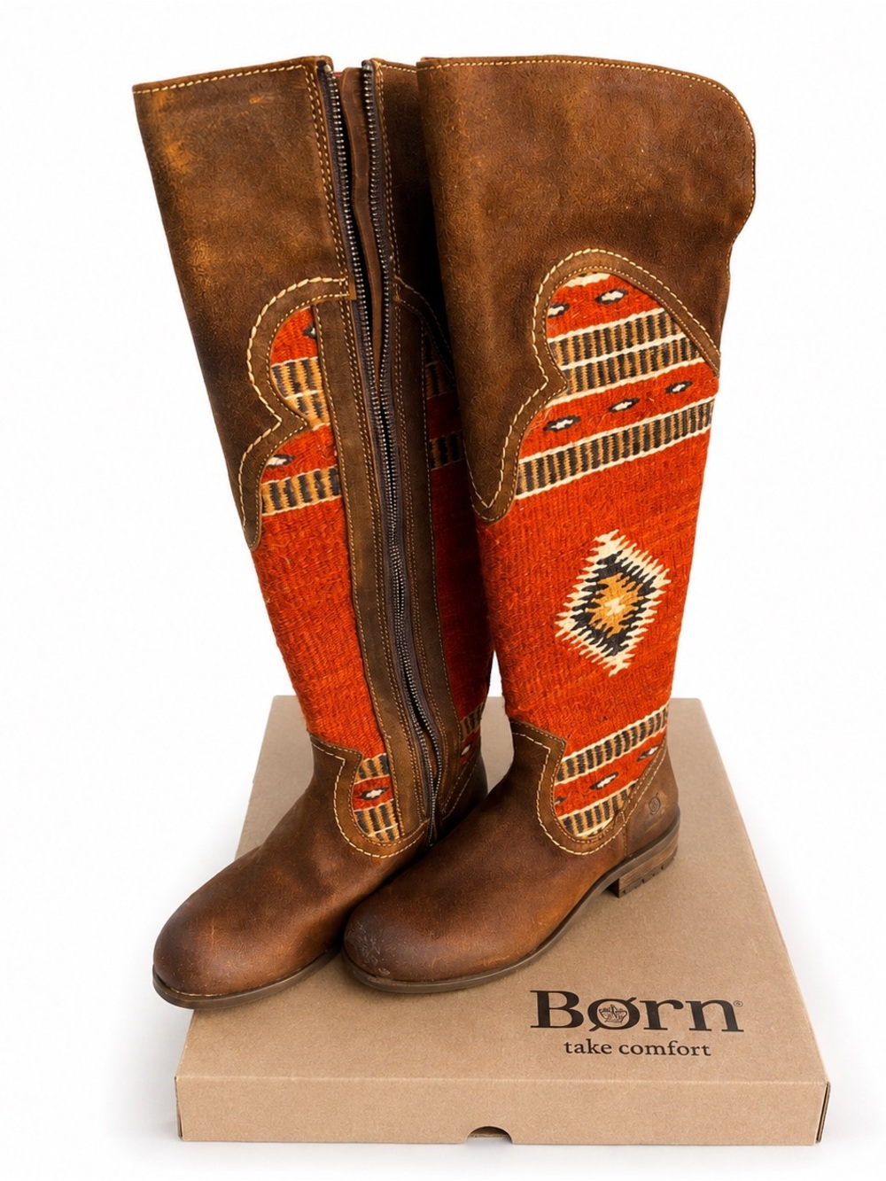 New! Born Brown Leather Lucero Boots with Orange Southwestern Textile Boho